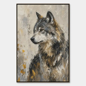 Textured wolf portrait painting with gray and gold impasto on neutral background