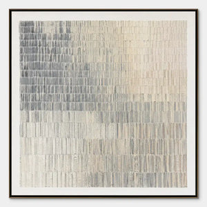 Grey white linear texture abstract painting with vertical ribbed brushstrokes in a black frame