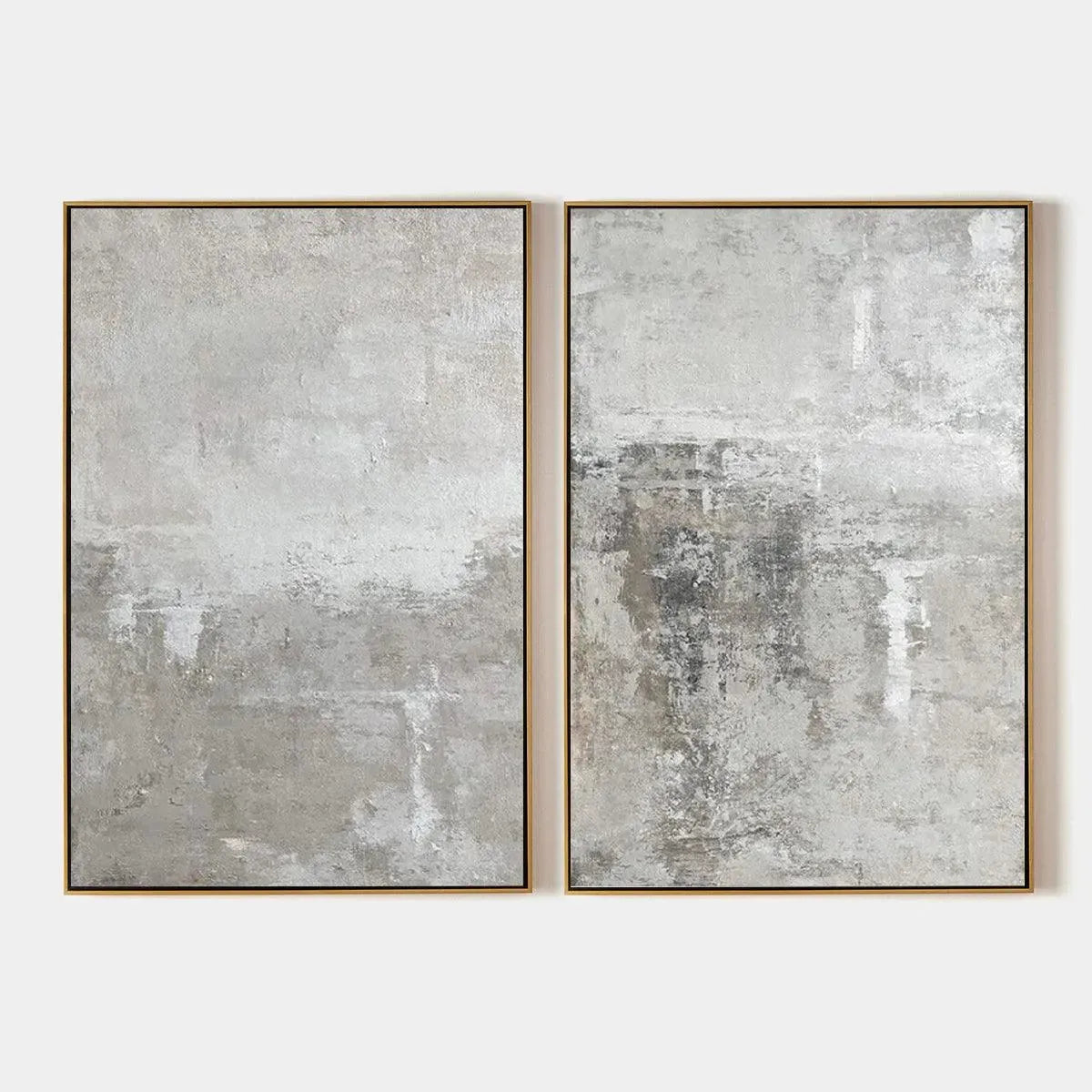 Grey Abstract Diptych by Javier Ramirez. Set of 2 textured paintings in grey with gold frames. Modern wall art.
