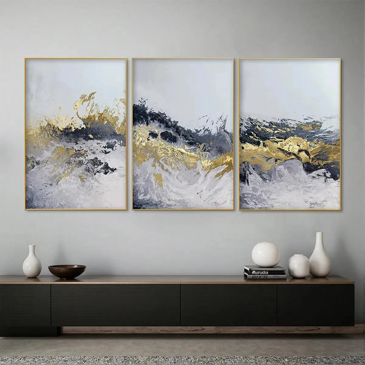 Gold & grey abstract triptych, 3 vertical paintings, impasto texture, lifestyle setting