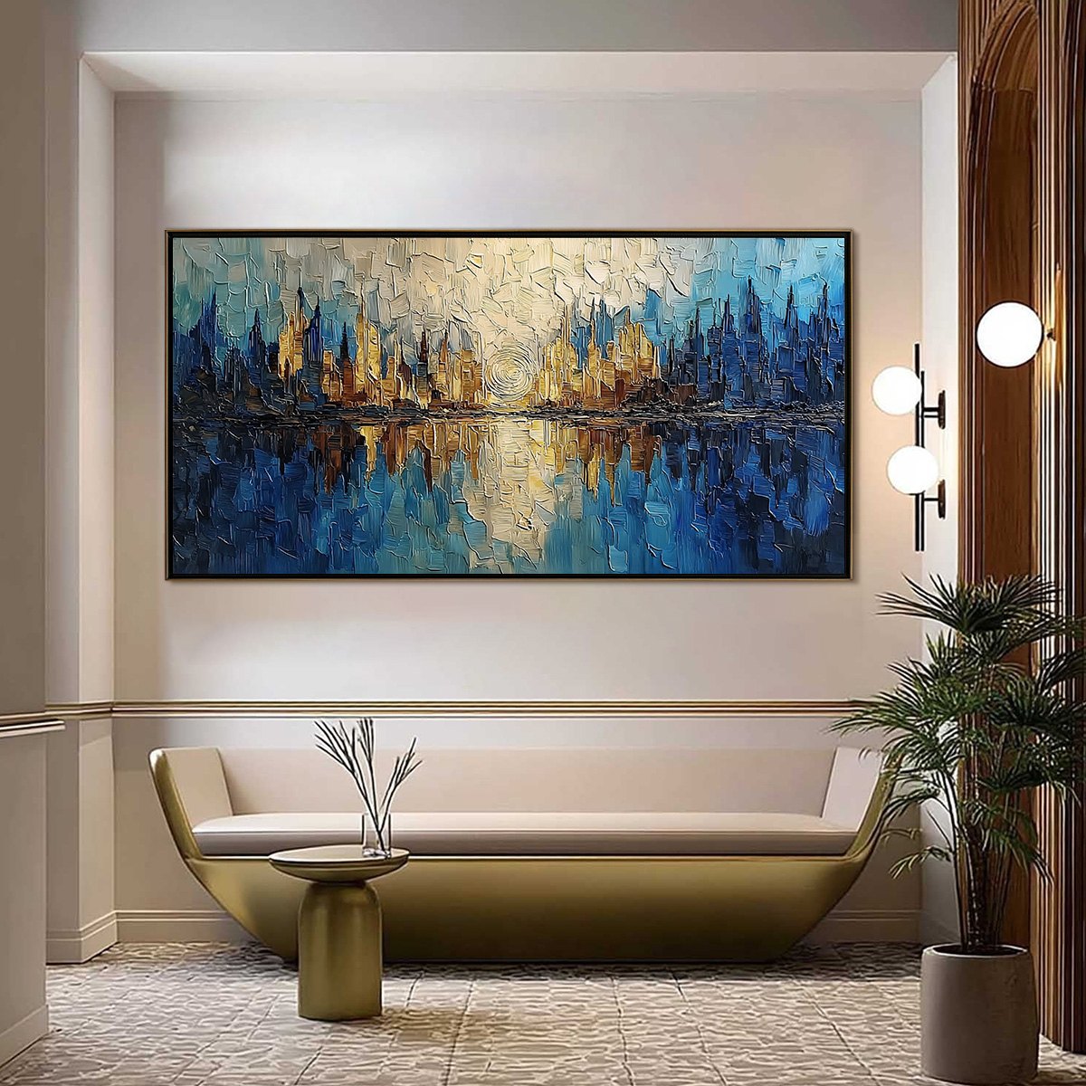 Golden Horizon Abstract Cityscape Textured Oil Painting Wall Art