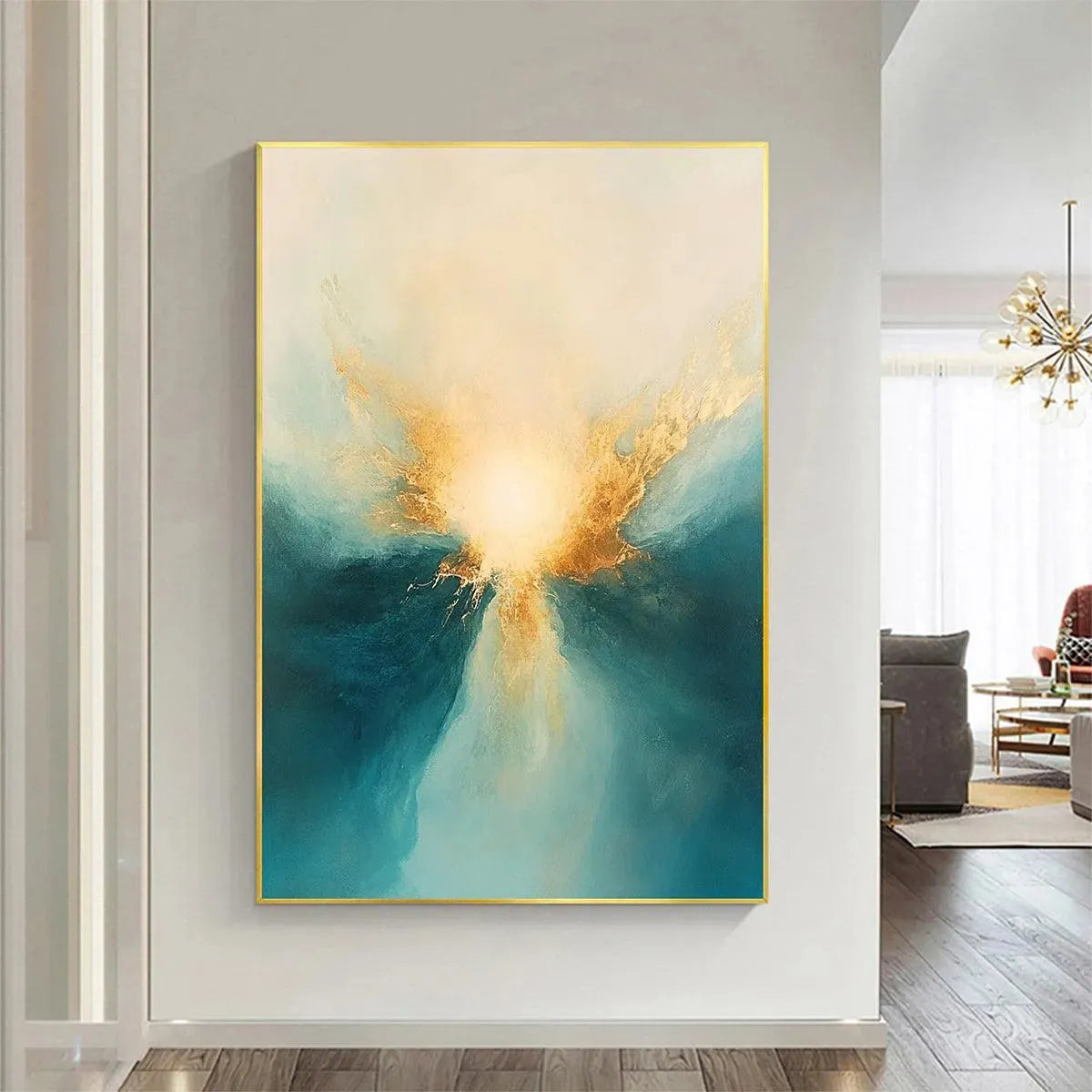 Golden Abyss: Abstract Teal and Gold Oil Painting on Canvas