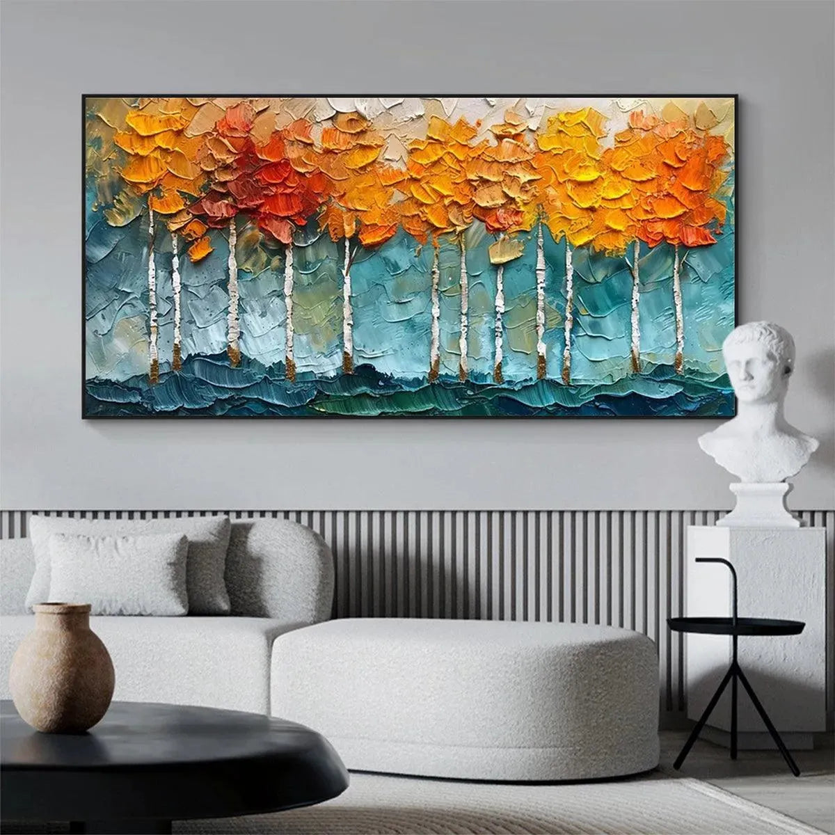 Golden Aspen: Textured Forest Painting | Impasto Wall Art | Horizontal Canvas | Autumn Decor
