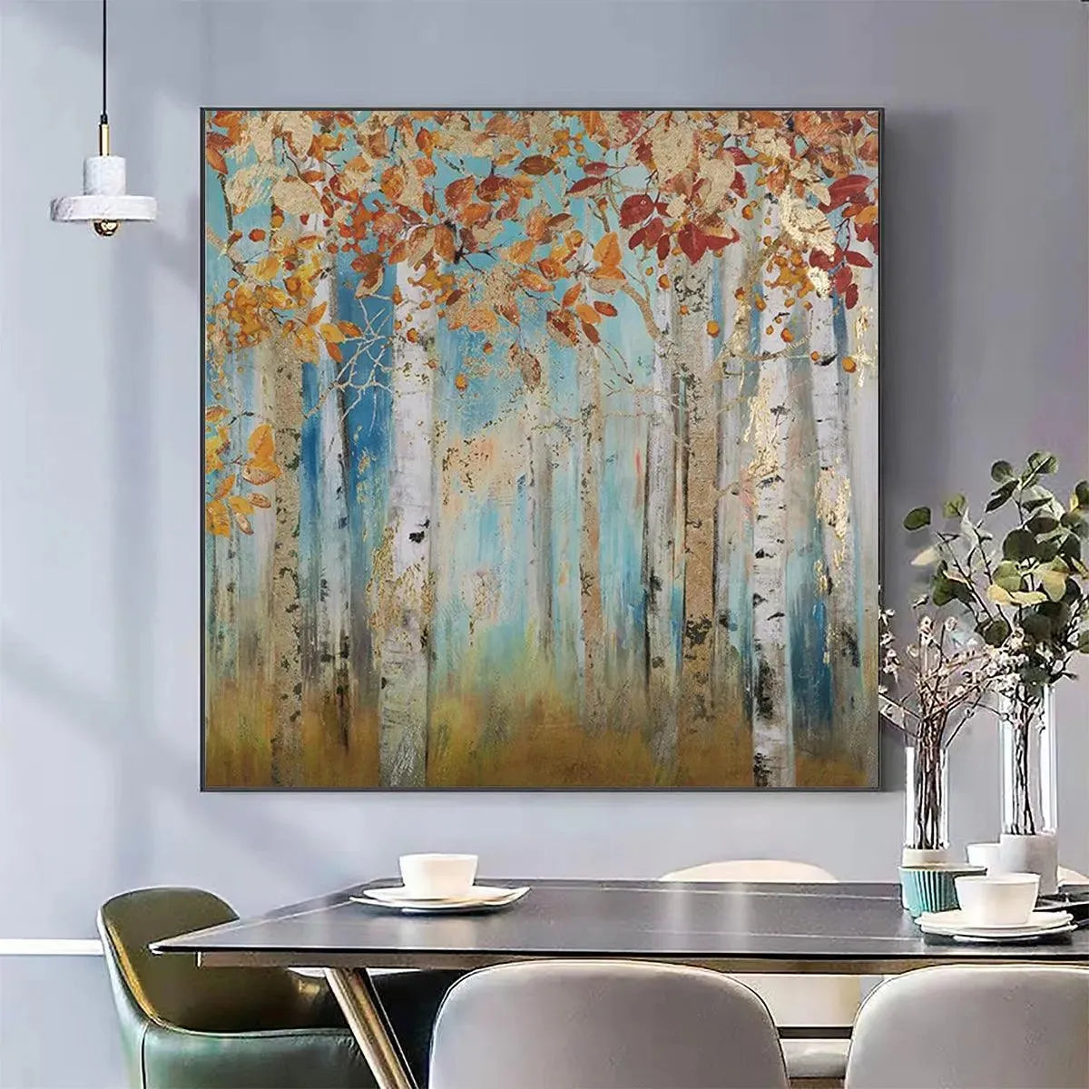 Golden Autumn Forest painting by Liam O'Connell. Textured square wall art with gold leaf, showcasing an autumn forest scene.
