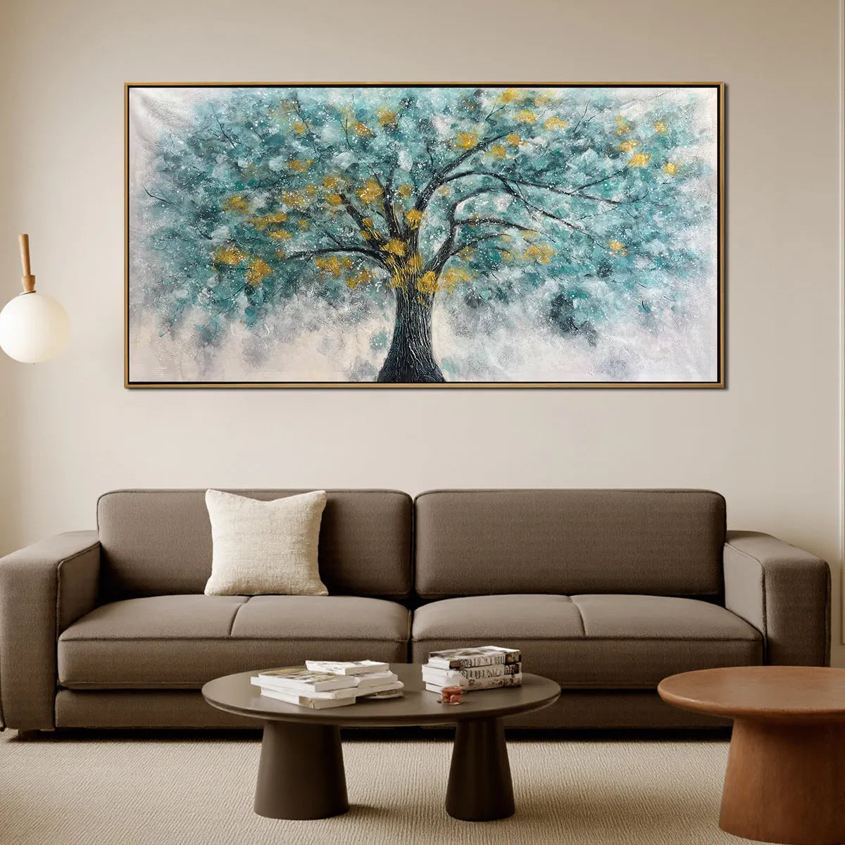 Golden Autumn: Panoramic Tree Painting | Textured Wall Art | Blue & Gold | Living Room, Bedroom, Office