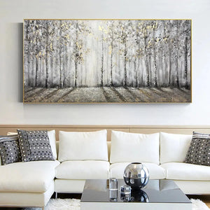 Golden Birchwood: Panoramic Birch Forest Landscape Oil Painting with Gold Accents on Canvas
