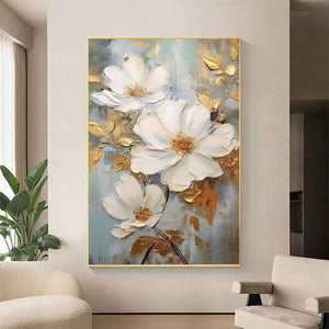 Golden Blossoms: Vertical Textured Floral Painting | Impasto White Flowers | Gold Accents | Living Room & Bedroom