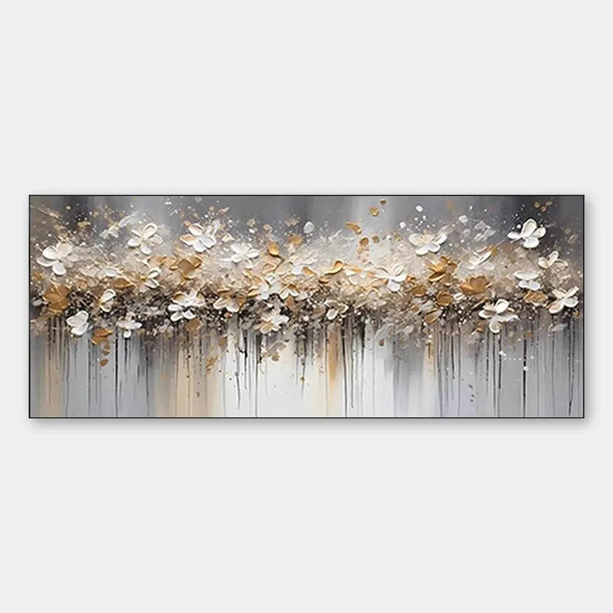 White and gold abstract floral painting, "GOLDEN DRIFT" panoramic textured art for living room.
