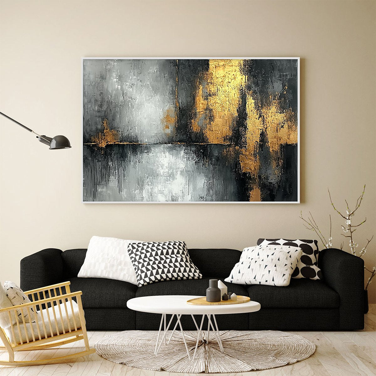 Golden Embrace: Original Textured Abstract Oil Painting - Grey, Black, and Gold Wall Art Decor