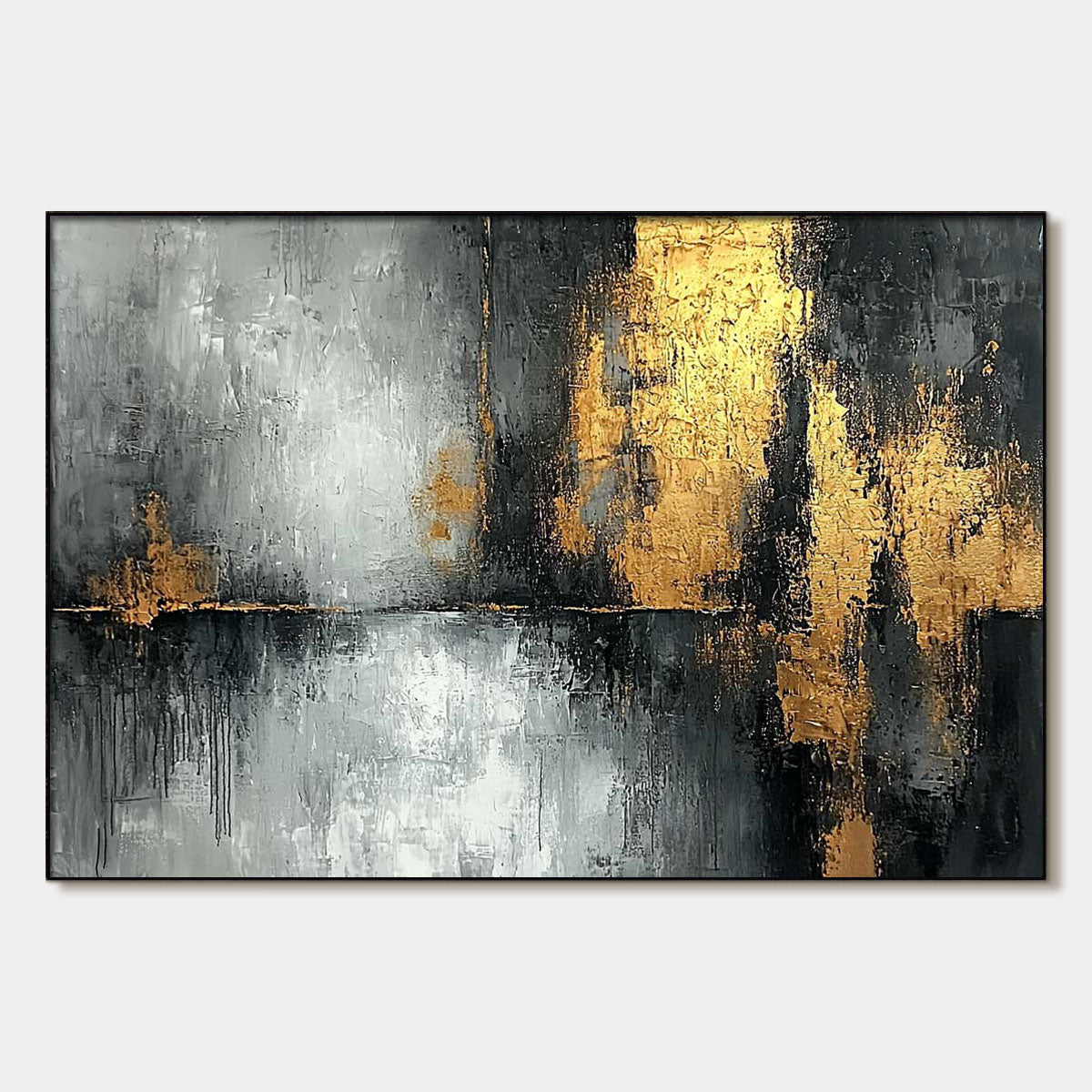 Golden Embrace: Original Textured Abstract Oil Painting - Grey, Black, and Gold Wall Art Decor