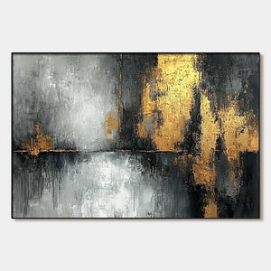 Golden Embrace: Original Textured Abstract Oil Painting - Grey, Black, and Gold Wall Art Decor