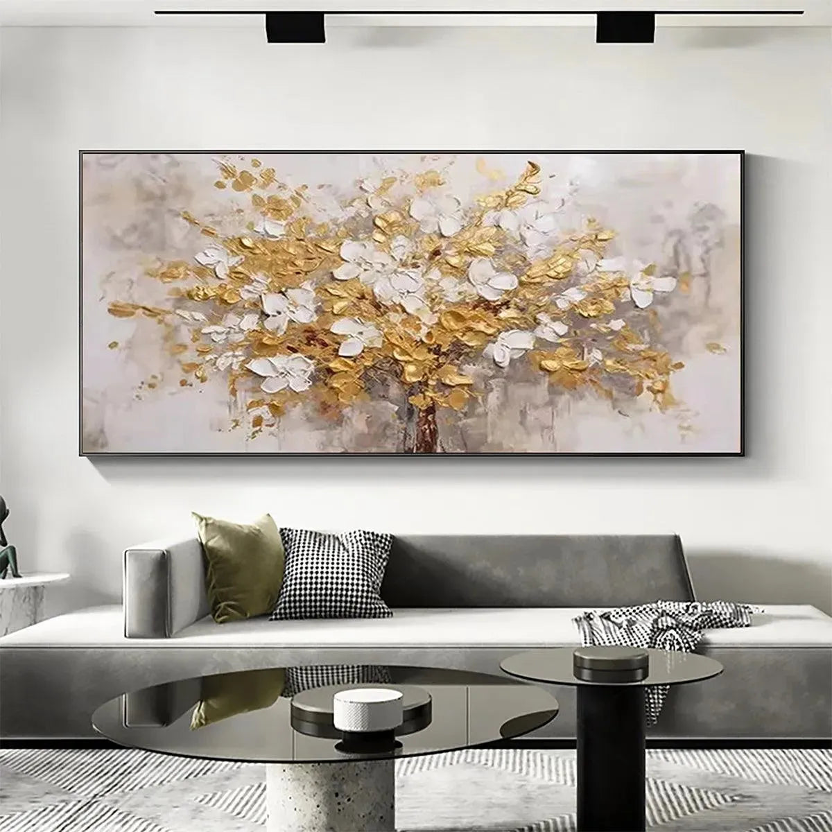 Golden Garden impasto painting: Textured white and gold floral branches, horizontal art for living room by Elodie Dubois.