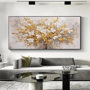 Golden Garden impasto painting: Textured white and gold floral branches, horizontal art for living room by Elodie Dubois.