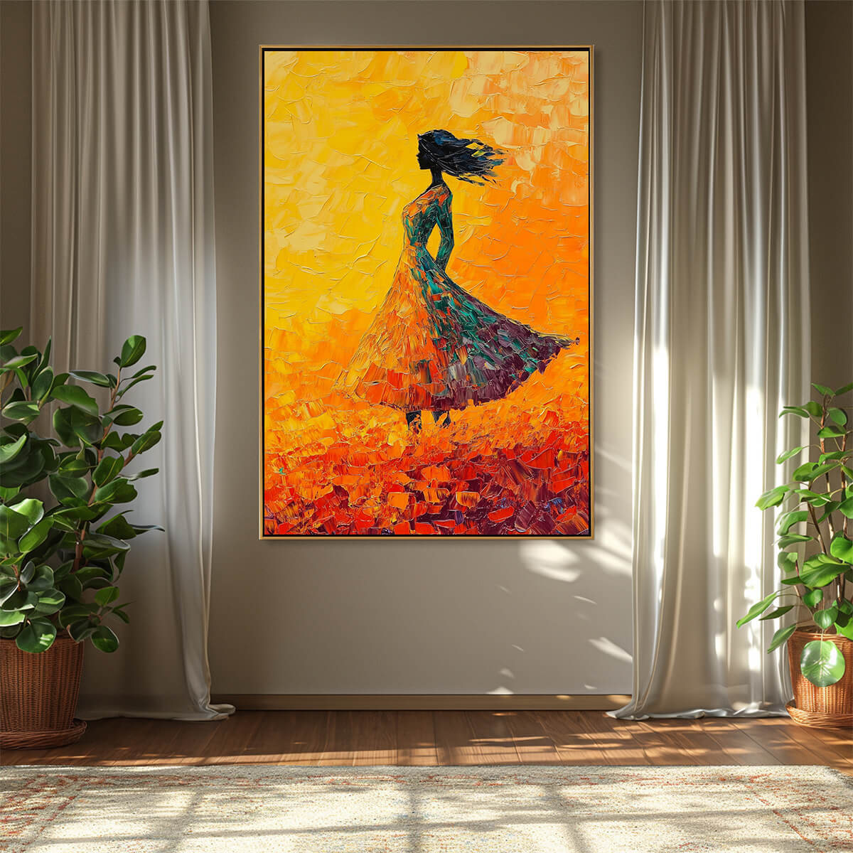 Golden Hour Grace: Textured Impasto Figurative Oil Painting Canvas Wall Art Woman Decor