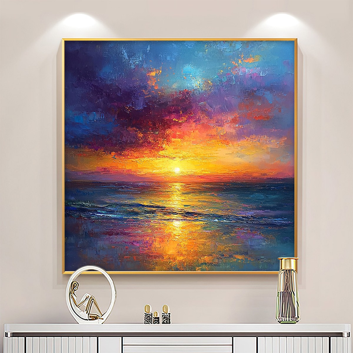 Golden Hour: Original Vibrant Sunset Seascape Oil Painting - Ocean Beach Wall Art Decor