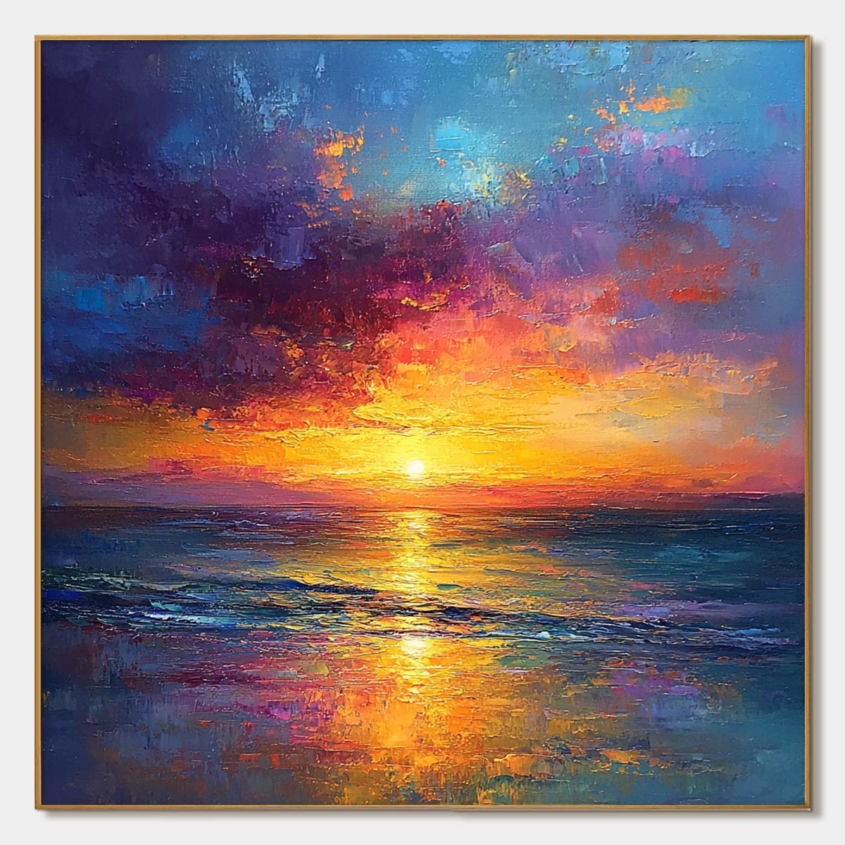 Golden Hour: Original Vibrant Sunset Seascape Oil Painting - Ocean Beach Wall Art Decor