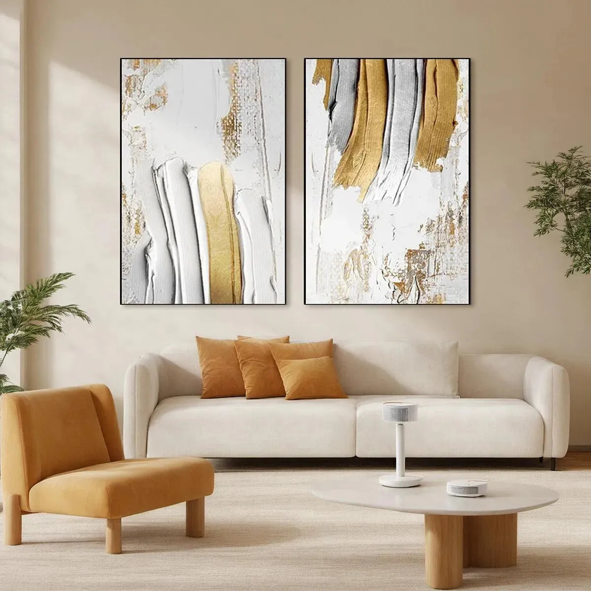 Golden Lines Diptych: textured impasto abstract painting set of 2, vertical gold and silver wall art in living room