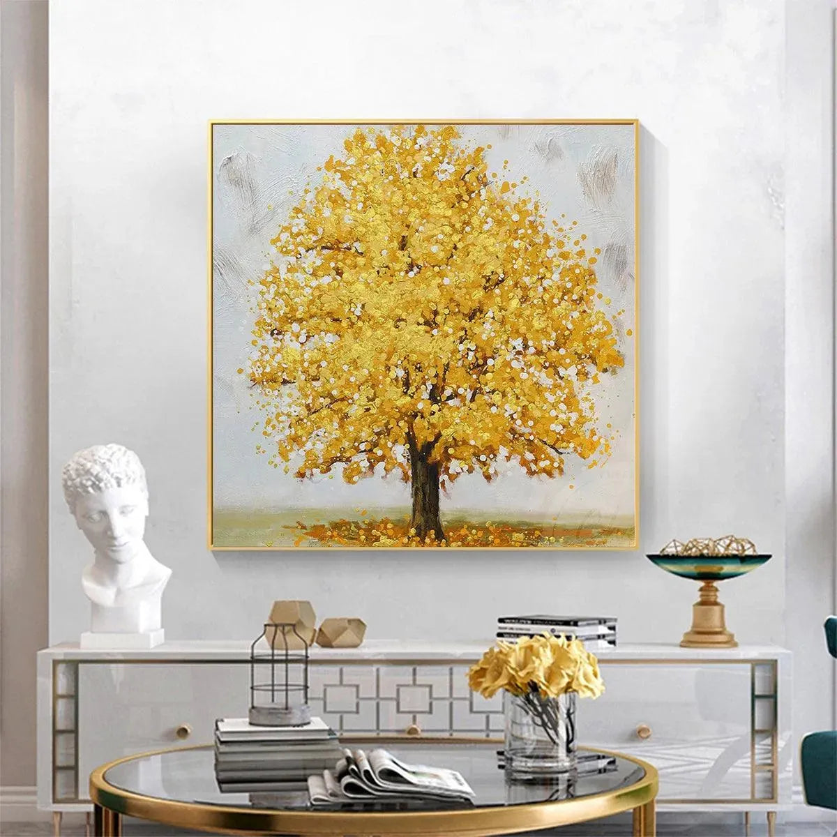 Golden Majesty textured golden tree painting by Willow Davies, square wall art, perfect for living room and bedroom.