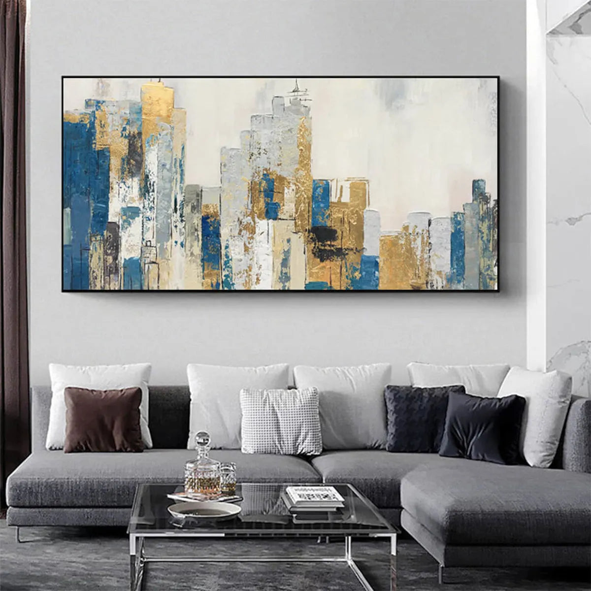 Golden Metropolis: Abstract Cityscape Oil Painting in Gold and Blue on Canvas