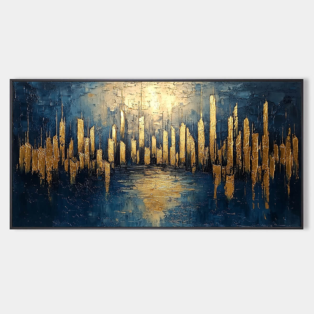 Golden Metropolis: Original Panoramic Cityscape Oil Painting - Gold and Blue City Wall Art