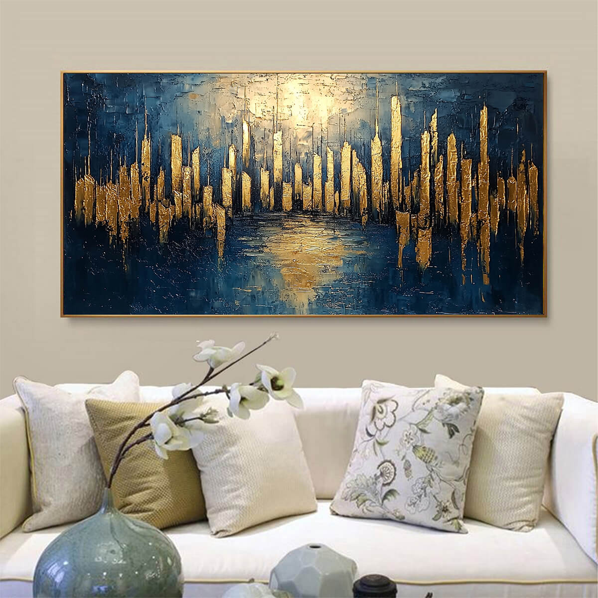 Golden Metropolis: Original Panoramic Cityscape Oil Painting - Gold and Blue City Wall Art