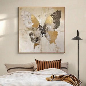 Golden Monarch: Gold Butterfly Painting | Square Canvas Art | Textured Wall Art | Beige and Gold Decor
