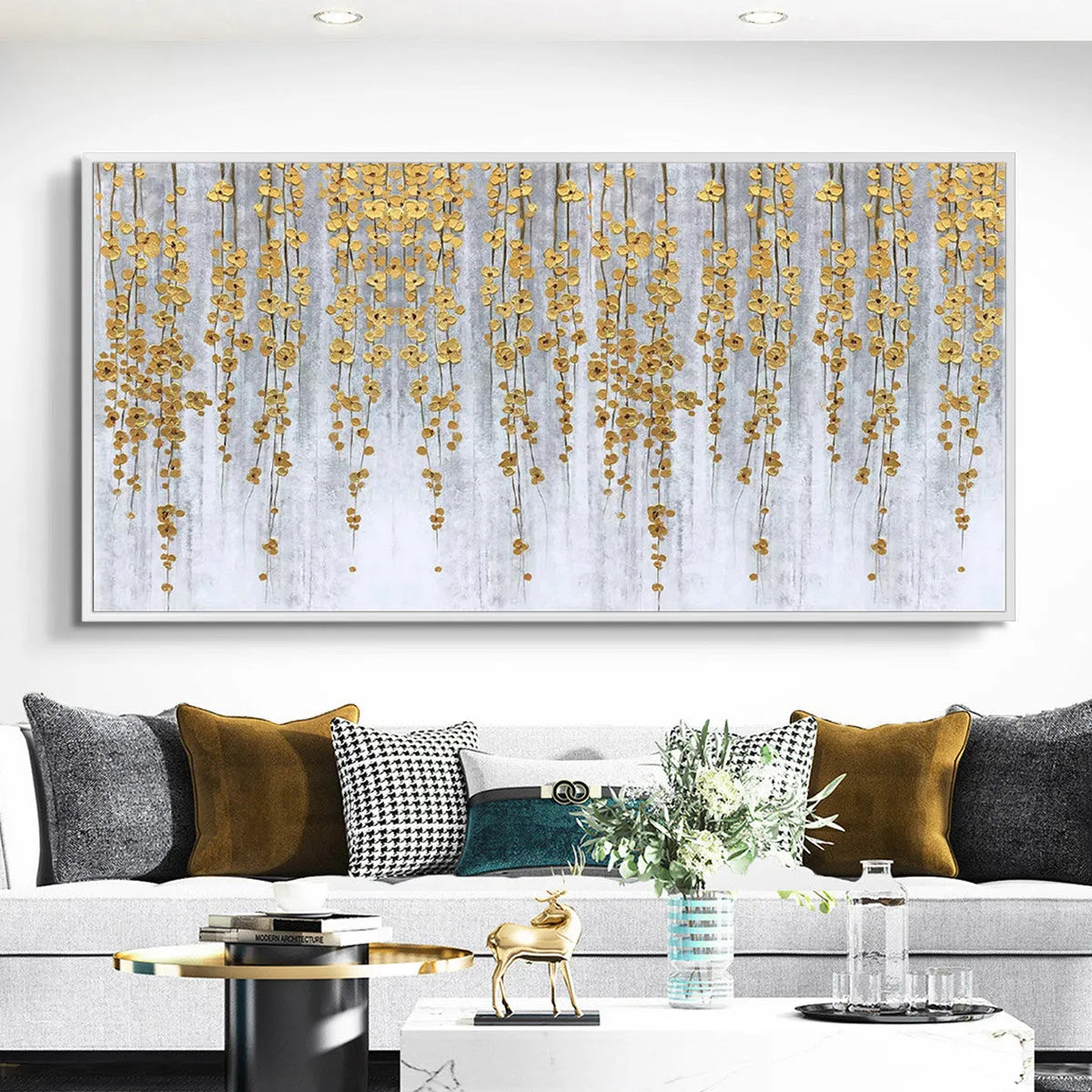 Golden Rain: Minimalist Floral Oil Painting in Gold and Grey on Canvas