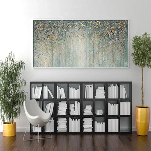 Original modern abstract wall art 'Golden Rain' by Willow Davies, green and gold texture in room setting.