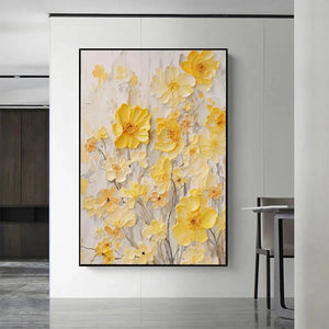 Vertical Golden Sunflowers textured impasto art with vibrant 3D yellow blooms, black frame, displayed in modern kitchen.