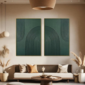 Green Textured Arches Diptych: abstract textured art set over sofa, gold frame, 2 square paintings