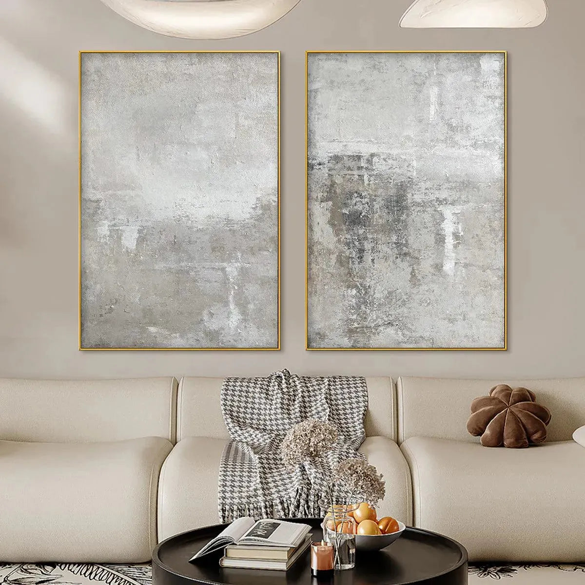 Javier Ramirez Grey Abstract Textured Diptych - Set of 2 vertical wall art with gold frames, minimalist home decor