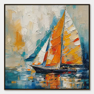 Colorful sailboat coastal wall art with textured palette knife painting