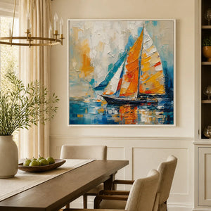 Colorful sailboat abstract coastal wall art displayed in a refined dining room.