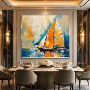 Colorful sailboat wall art with textured abstract oil painting in a luxury dining room