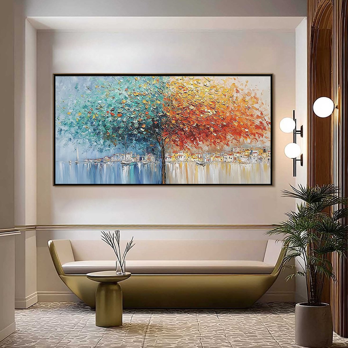 HARBOR OF HUES: Textured Palette Knife Painting of a Coastal Town