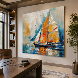 Colorful sailboat abstract coastal wall art above a modern executive office desk.