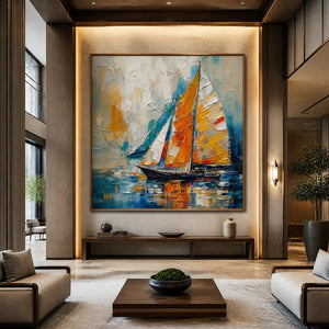 Colorful sailboat abstract coastal wall art in a wood frame displayed in a luxury hotel lobby.