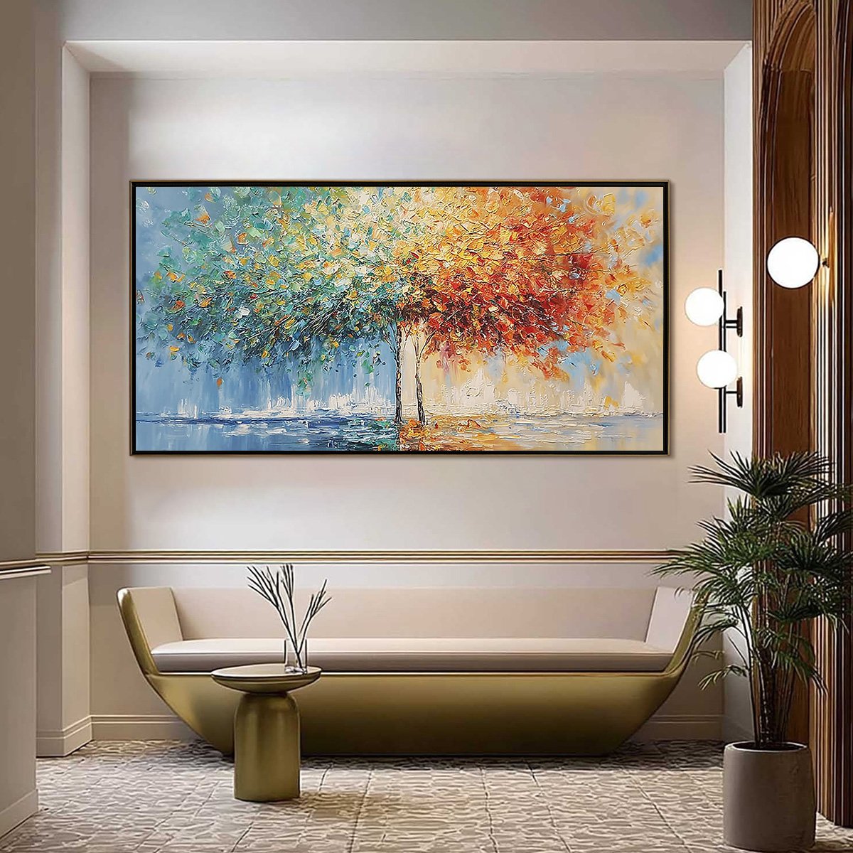 HARMONY IN TRANSITION: Colorful Palette Knife Tree Landscape Oil Painting