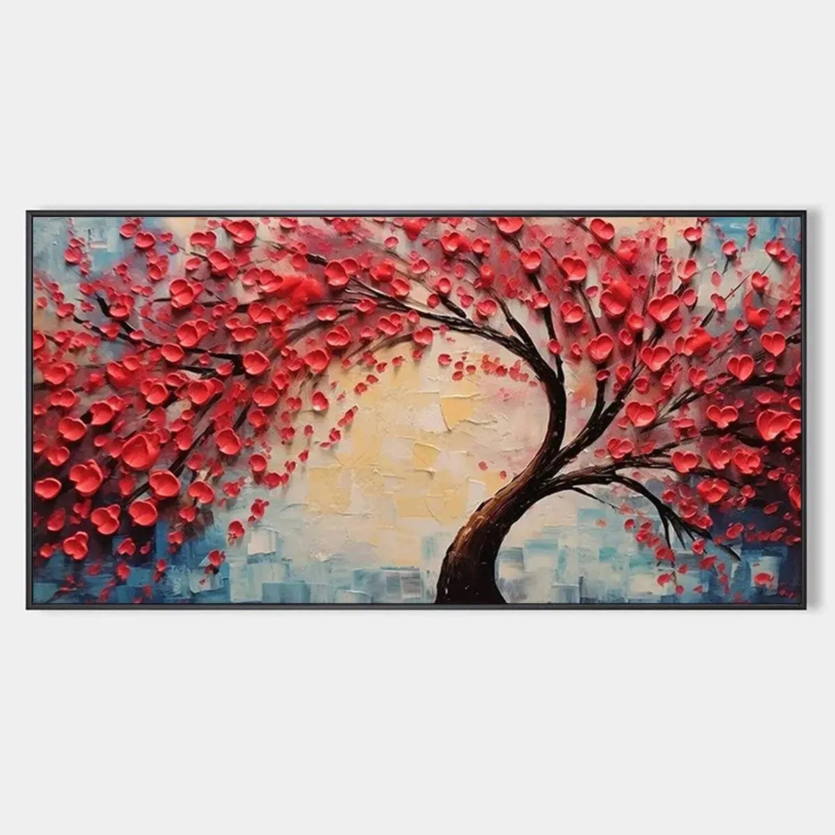 Textured impasto painting of dark tree with vibrant red heart-shaped leaves, yellow, blue, white sky. By Willow Davies.