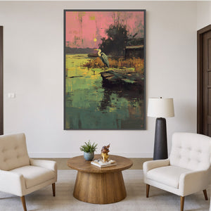 HERON'S REPOSE: Expressive Vertical Wildlife Painting of a Heron at Sunset