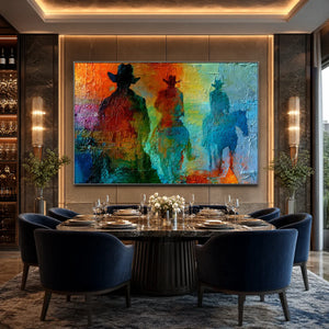 Textured abstract western painting of three riders on horseback in a luxury dining room