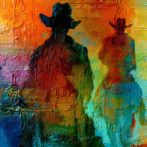 Textured abstract western oil painting of two riders on horseback in vibrant sunset colors