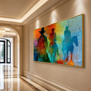 Textured abstract western oil painting of three riders on horseback in a gold frame