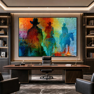 Textured abstract western painting of three riders on horseback in a modern office
