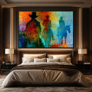 Textured abstract western painting of three riders on horseback in colorful sunset tones