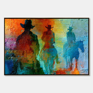Textured abstract western painting of three riders on horseback in vibrant sunset colors