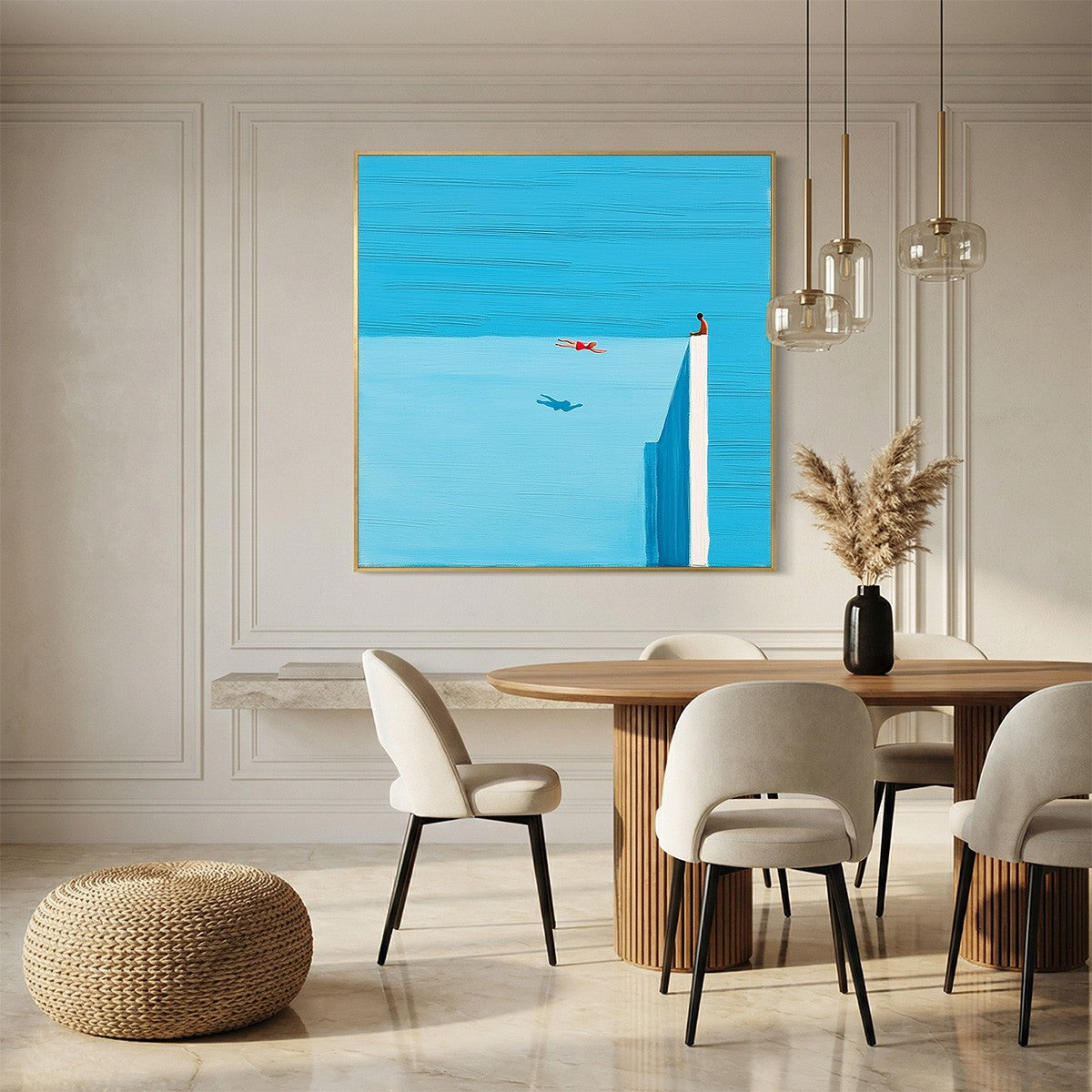 HORIZON'S EDGE: Minimalist Blue Seascape Painting with Figures
