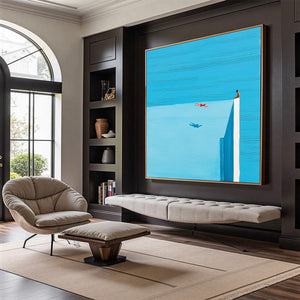 Original HORIZON'S EDGE abstract wall art with blue seascape figures