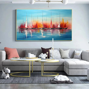 Harbor Sunset: Panoramic Sailboat Painting | Colorful Sunset | Beach & Sea | Living Room, Office, Hotel