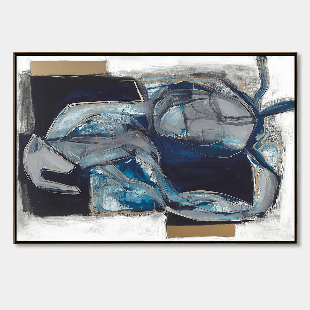 Abstract art piece with blue and gray colors on a white background